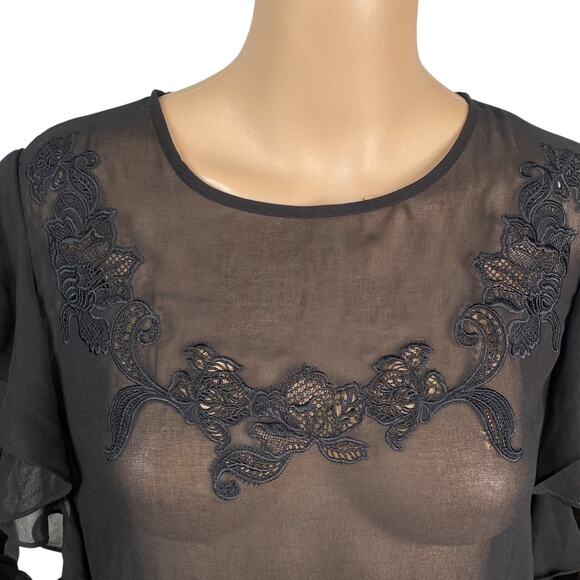 White House Black Market Sheer Lace Applique Ruffle Witchy Tunic Top SZ 4 - Picture 6 of 11